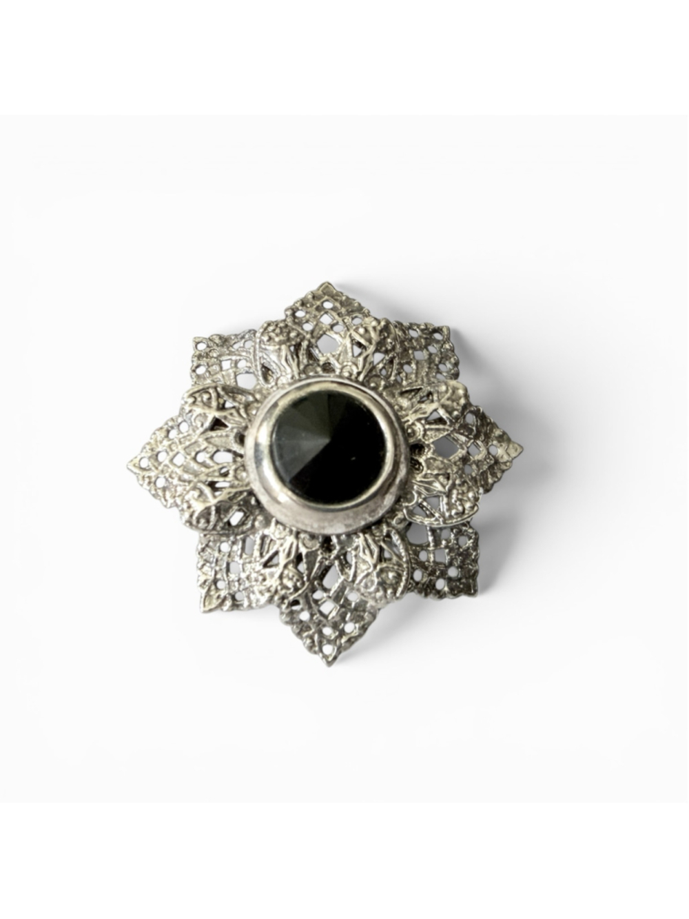 Antique Czech Filigree Brooch Black Glass Rivoli Pin Art Deco Starburst Silver